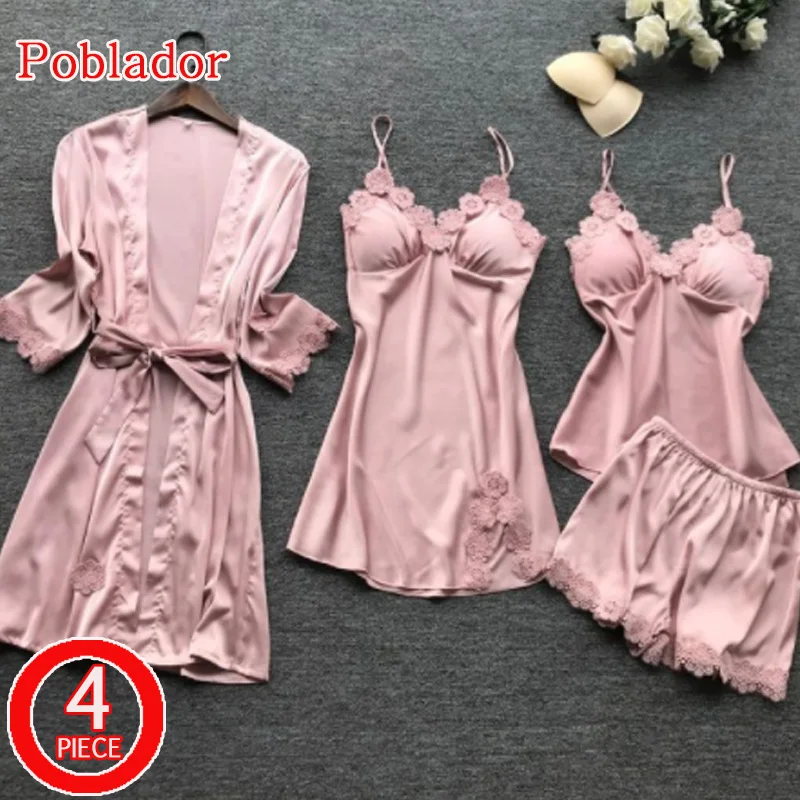 Комплект пижамный женский из 4 предметов одежда для сна искусственного шелка