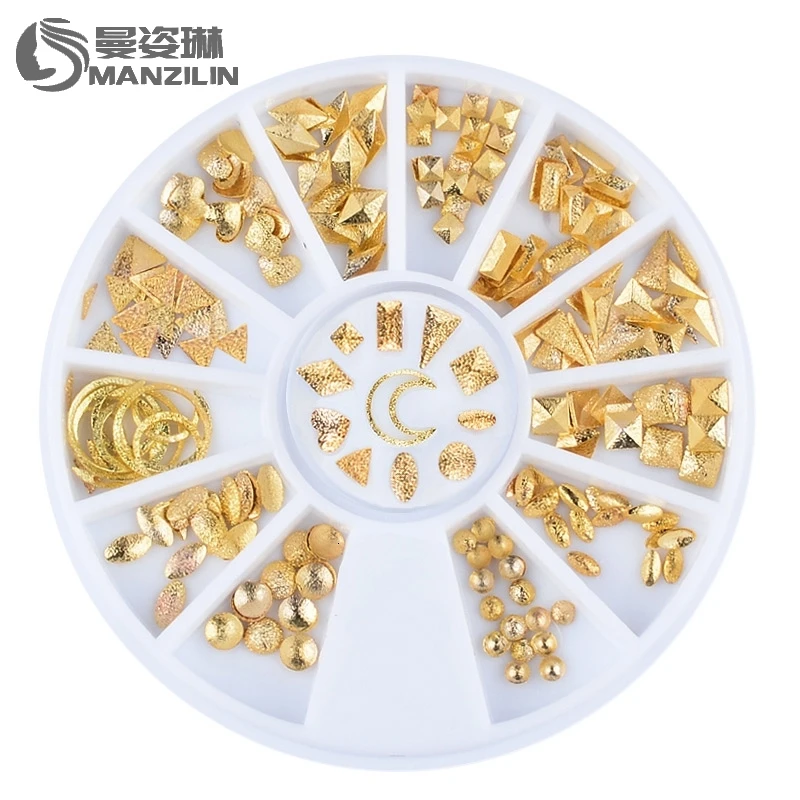

MANZILIN 1 Box Gold Matte Nail Art Rhinestone Studs Wheel 3D Metal Square Triangle Shaped Nail Decoration Accessories