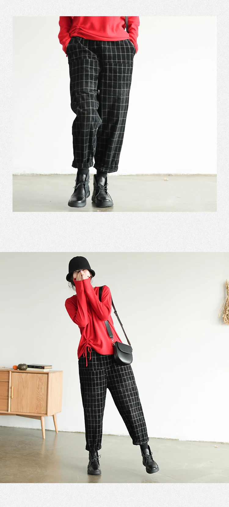 Осень зима брюки эластичный пояс свободные Ретро Женские вельветовые брюки Новые повседневные карманные клетчатые брюки универсальные
