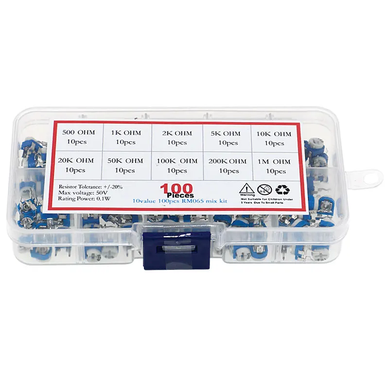 100 pces 10 valores resistor variável 500r a 1m rm065 filme carbono horizontal trimpot potenciômetro sortimento kit