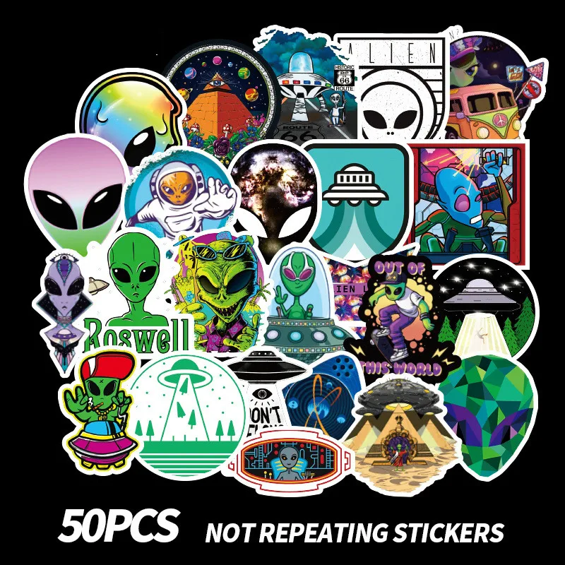 50Pcs Outer Space Sticker UFO Alien Astronaut Rocket Cartoon Stickers Gifts Toys 