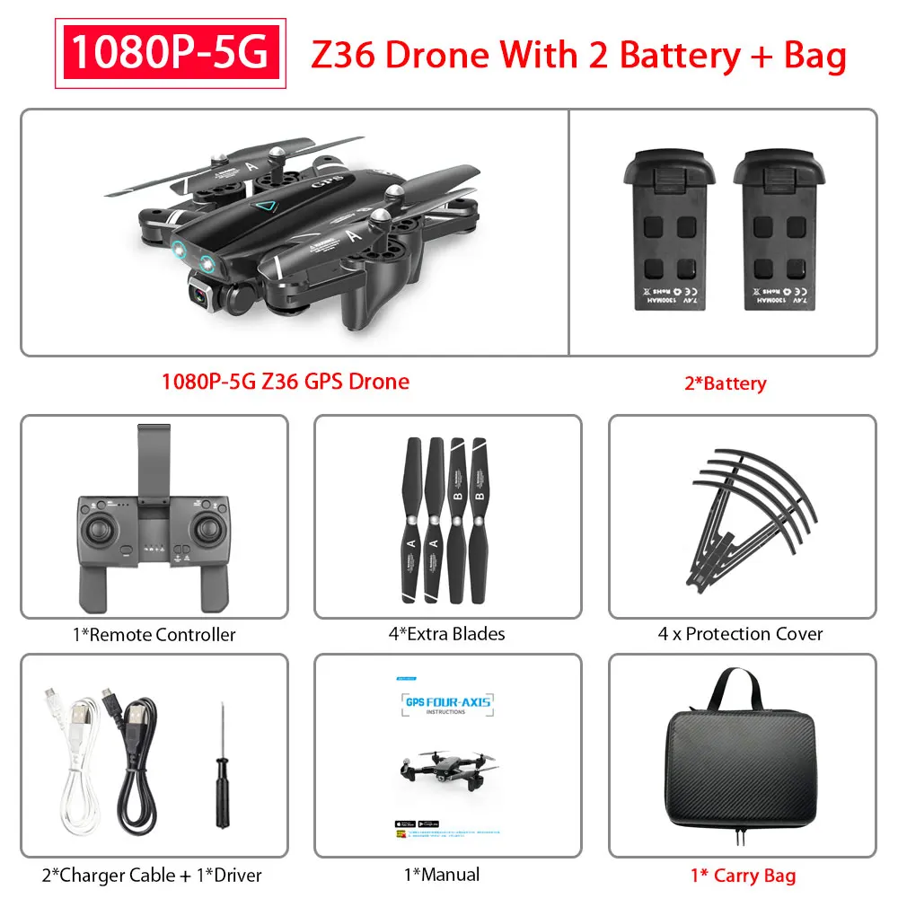ZWN Z36 gps Квадрокоптер с 720P 1080P 4K HD камерой Rc вертолет gps фиксированная точка Wi-Fi FPV Дрон следуем за мной режим vs SG900-S E520S - Цвет: 1080P-5G 2B Bag