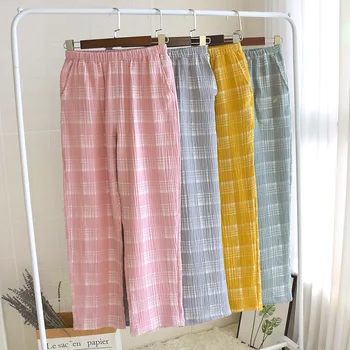 

Autumn Plaid Pajama Pants Women's Cotton Crepe Pajama Bottoms Knitted Lounge Pants Elastic Waist Full Length Sleep Wear