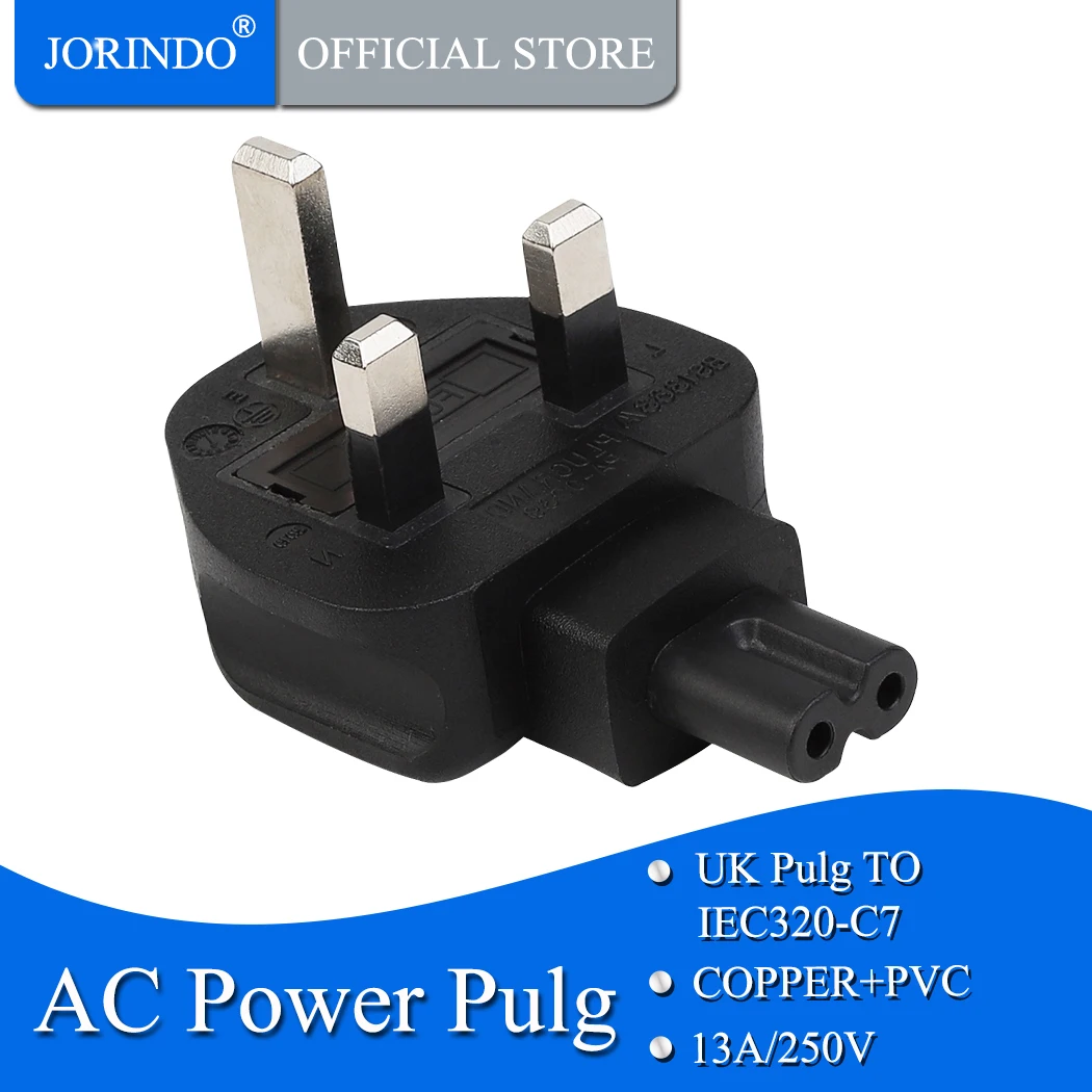 JORINDO UK для IEC320 C7 Мощность штепсельные вилки преобразования UK 3-контактный Мужской IEC 320 C7 Женский адаптер переменного тока 3A