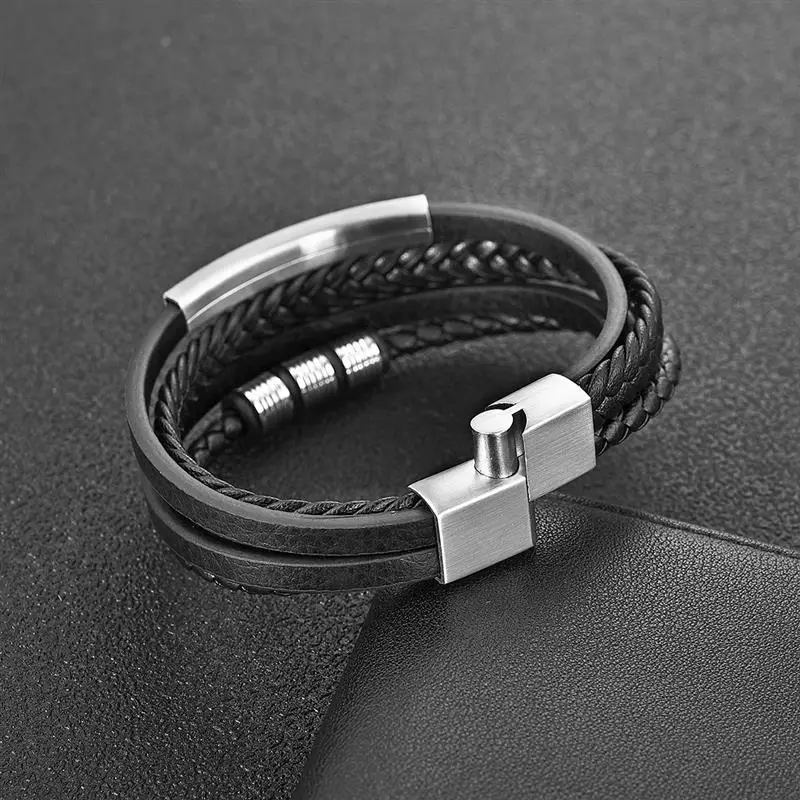 Fashion Stainless Steel Charm Men Bracelet Magnetic Clasp Braided Mutilayer Leather Wrapping Punk Rock Bangles Man Jewelry Gift