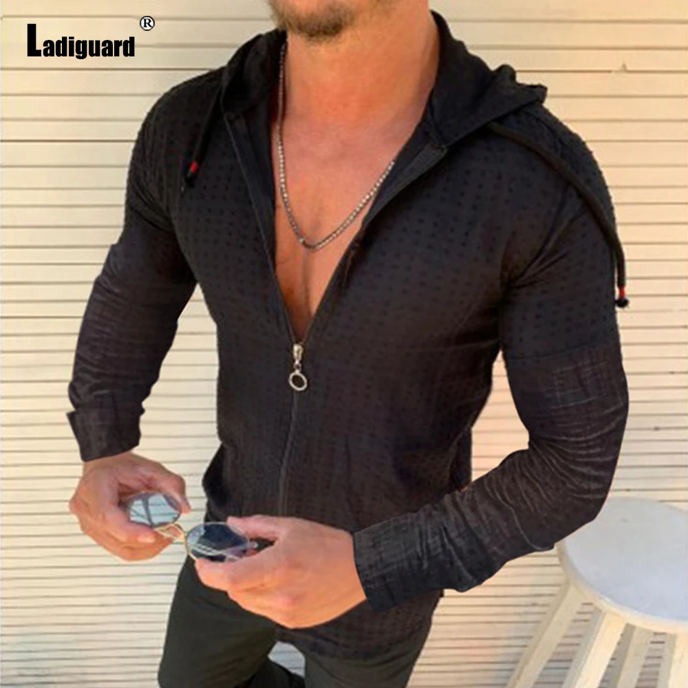 Ladiguard Trend 2020 Hoodie Shirt Patchwork Zipper Men Summer Casual Plaid Top Solid White Blouse Mens Open Stitch Thin Clothes - Image 2