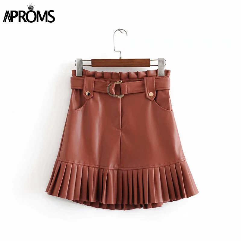 Aproms Vintage PU Leather High Waist Skirt Women Autumn Winter Streetwear Ruffle A-line Short Mini Skirts Ladies Sash Tie Bottom - Цвет: Brown