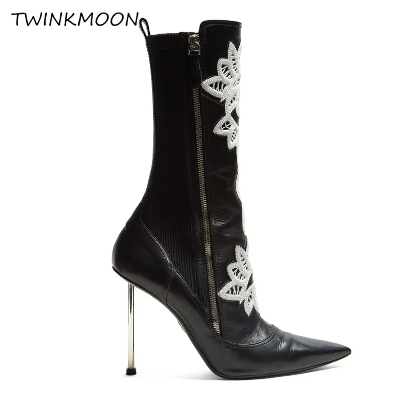 

Embroidered Leather Ankle Boots Metal Heel Point Toe Punk Black Booties Sexy Runway Fashion Women's Autumn Shoes buty damskie