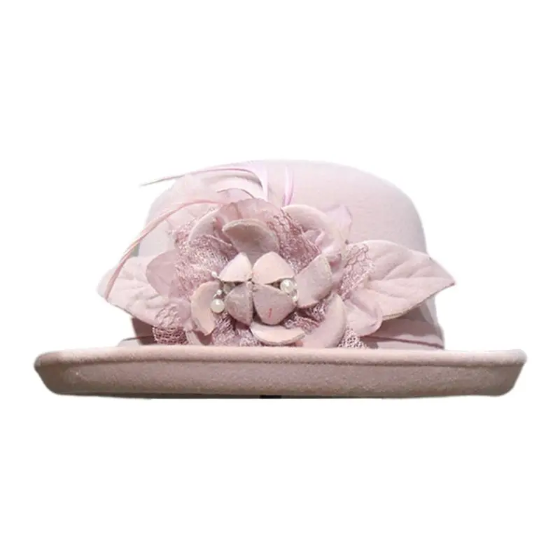 Женская зимняя винтажная Кепка из искусственного войлока с отделкой в виде цветка, перьев, искусственного жемчуга, бантом, элегантная Свадебная шапка в церковном стиле - Цвет: Dusty Pink