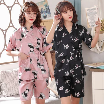 

Silk Satin Shorts Kimono Pajama Sets for Women 2020 Summer Short Sleeve Print Sleepwear Suit Homewear Pijama Mujer Home Clothes