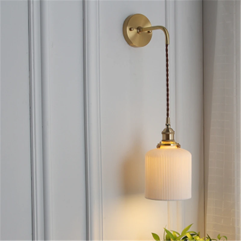 Белый фарфор светодиодный настенный светильник скандинавский Ретро латунь Спальня прикроватный Wandlamp прозрачный керамики Ванная комната настенный светильник приспособление