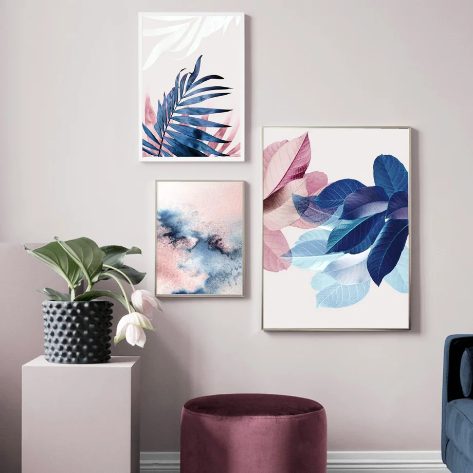 

Pink Blue Leaves Ink Painting Overlapping Wall Art Canvas Painting Nordic Posters And Prints Wall Pictures For Living Room Decor