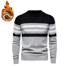 Plus Velvet Cotton Sweaters Men Casual Striped Slim Fit Mens Pullovers Sweater New Winter Warm Fashion Sweaters for Men
