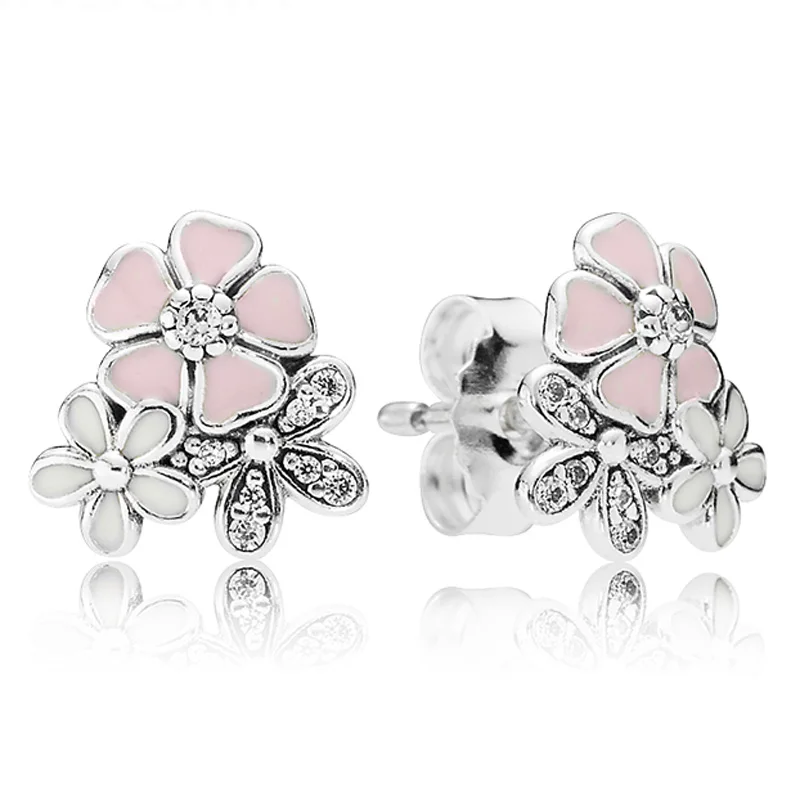

Original Mix Enamel Poetic Blooms With Crystal Stud Earrings For Women 925 Sterling Silver Earring Wedding Gift Pandora Jewelry