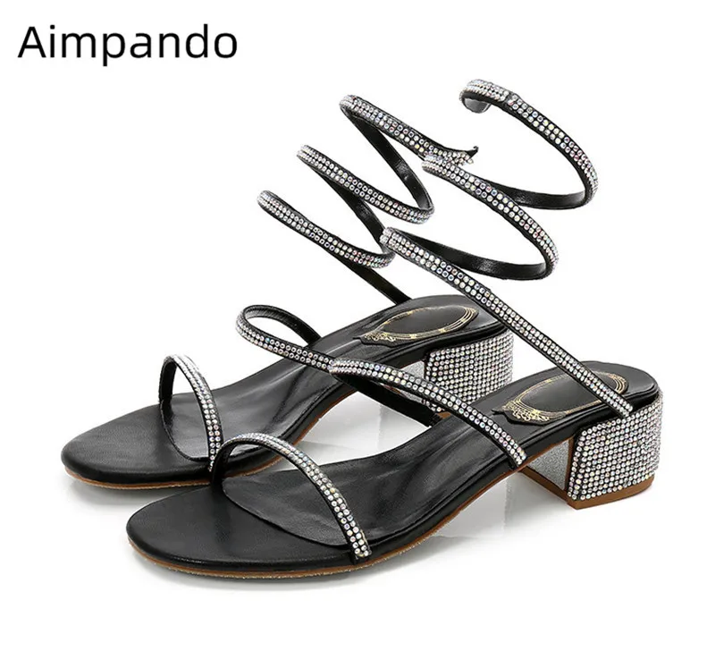 Narrow Two Strap Sandals Women Open Toe Chunky Med Square Heel Party Shoes Bling Crystal Sandalias Sexy Summer Sandals Women