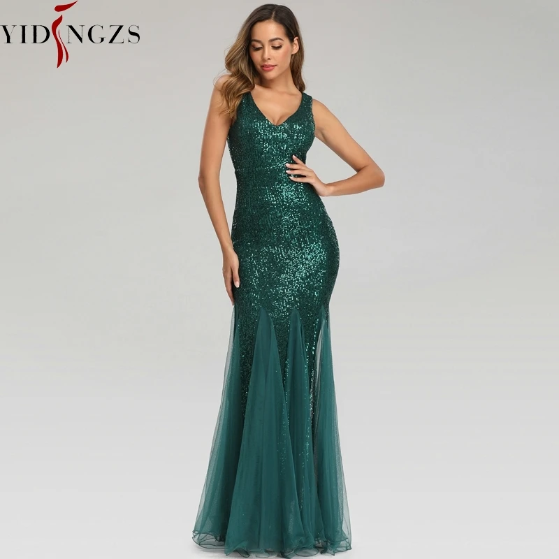 YIDINGZS зеленое вечернее платье без рукавов Элегантное Длинное платье русалки вечернее платье YD9682
