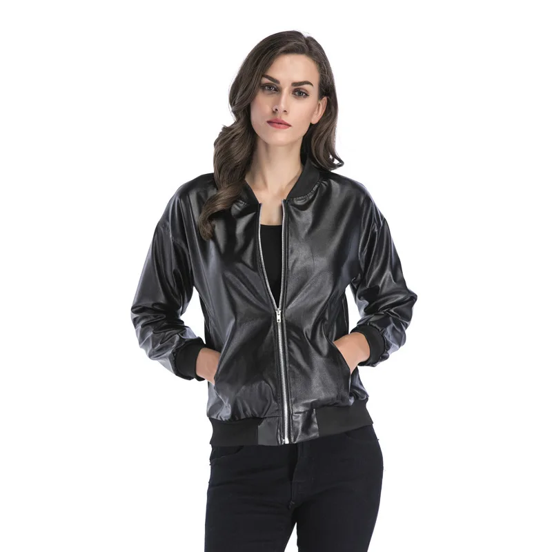 Черная Женская куртка из искусственной кожи короткая черная весенне осеннее
