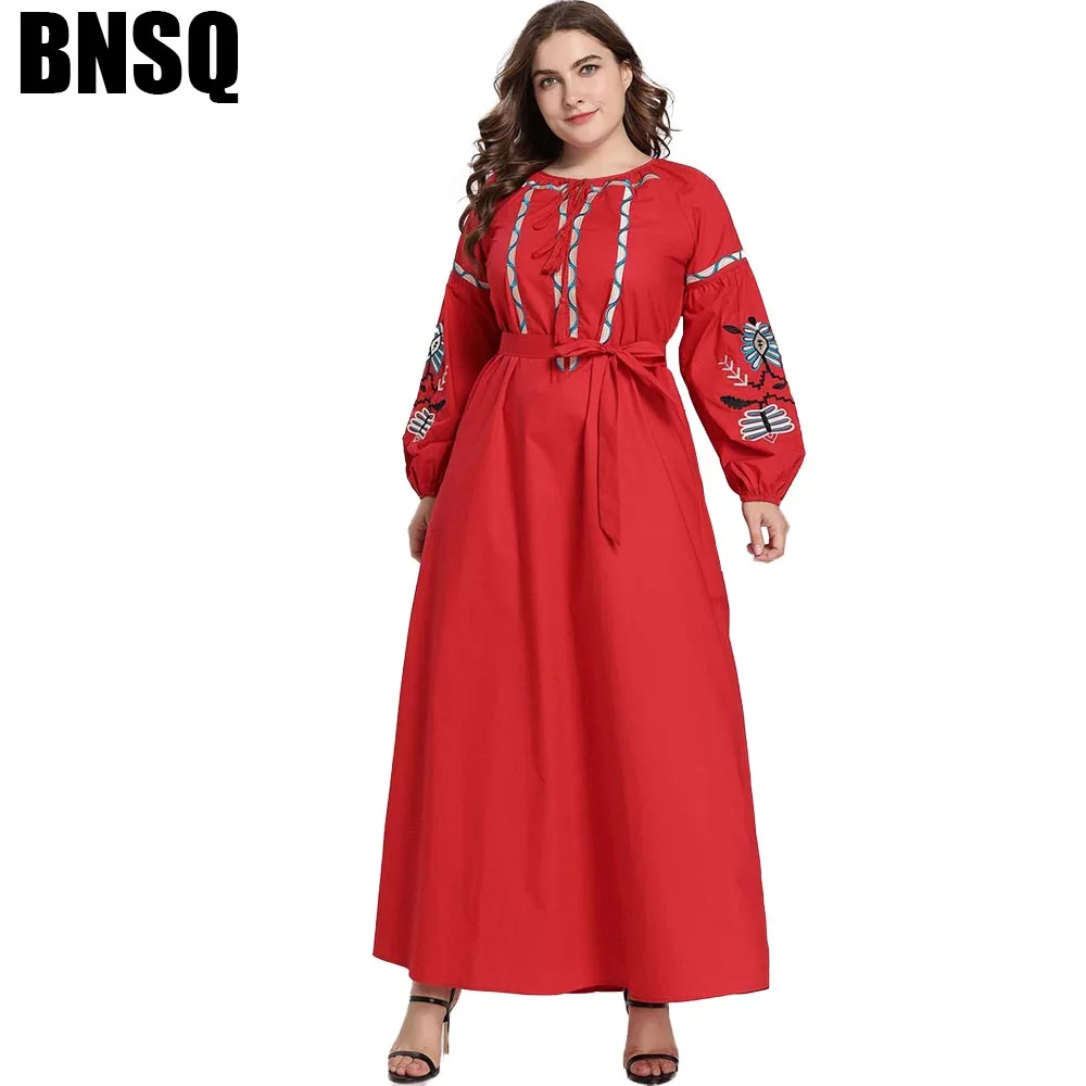 BNSQ плюс размер Абая для мусульман платье Мода Большая Женская Вышивка тесьма