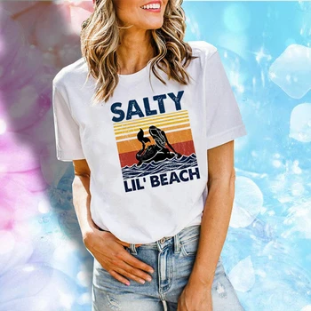 

SALTY LIL'BEACH Mermaid Sea Print Harajuku Summer Womens T Shirt Summer Vintage Clothes Female Plus Size Fashion Tshirts