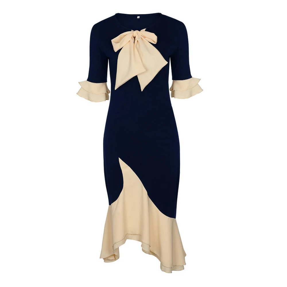 Платье русалки с бантом и оборками в стиле пэчворк, Коктейльные Вечерние платья, винтажное элегантное офисное женское асимметричное платье до середины икры