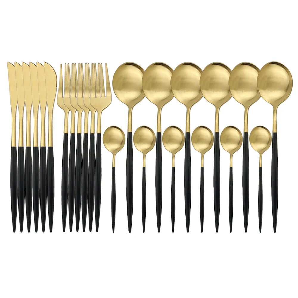 24Pcs Black Gold Matte Dinnerware Set Knife Fork Spoon Silverware Cutlery Stainless Steel Flatware Tableware | Дом и сад