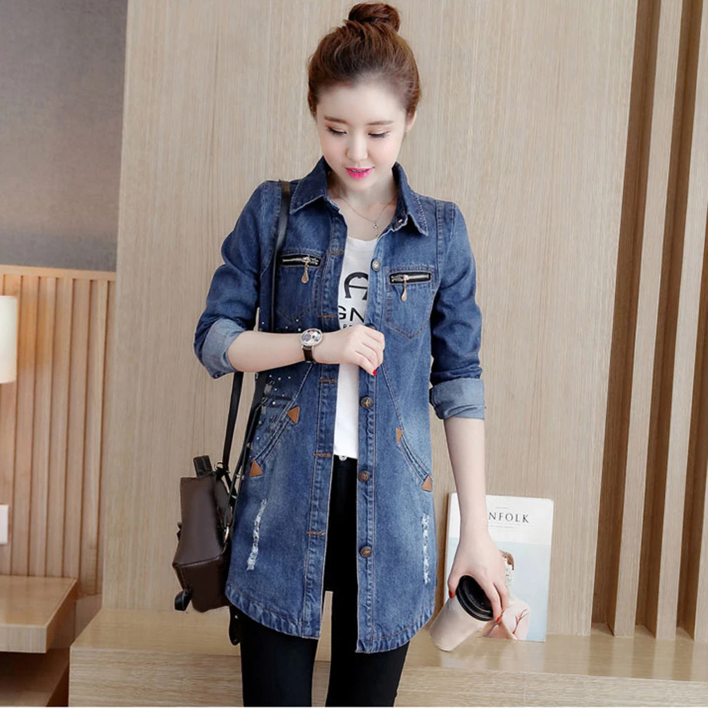 CHAMSGEND Basic Long Jeans Coats Women Slim Ripped Denim Loose Beading Hole Jacket Elegant Vintage Frayed Outwear 1008