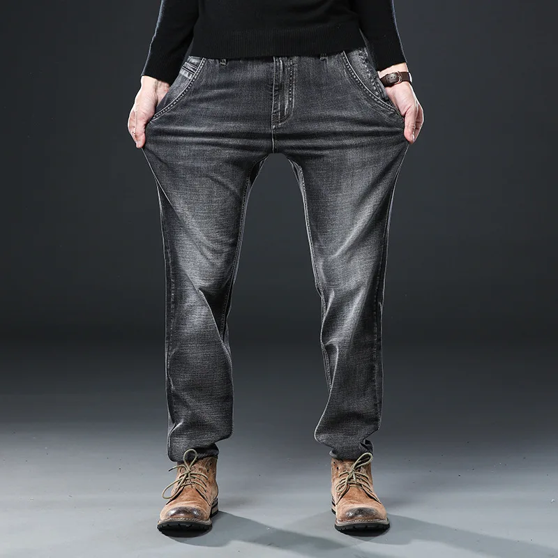 Осень-зима, свободные прямые джинсы, стрейчевая ткань, плотные джинсы, мужские, более размера d, джинсовые штаны размера плюс, черные джинсы для мужчин