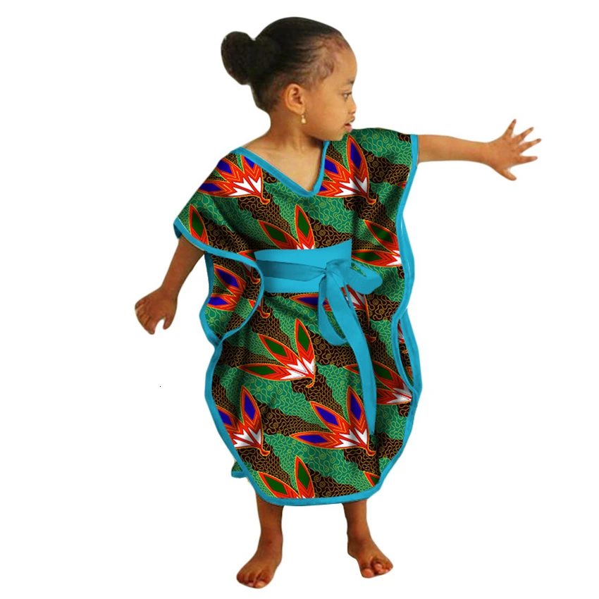 

9Colors Girls Africa Traditional Dresses Wax Fabric Bazin Riche Printed Fashion Kids Robe Belt Children Party African Clothing