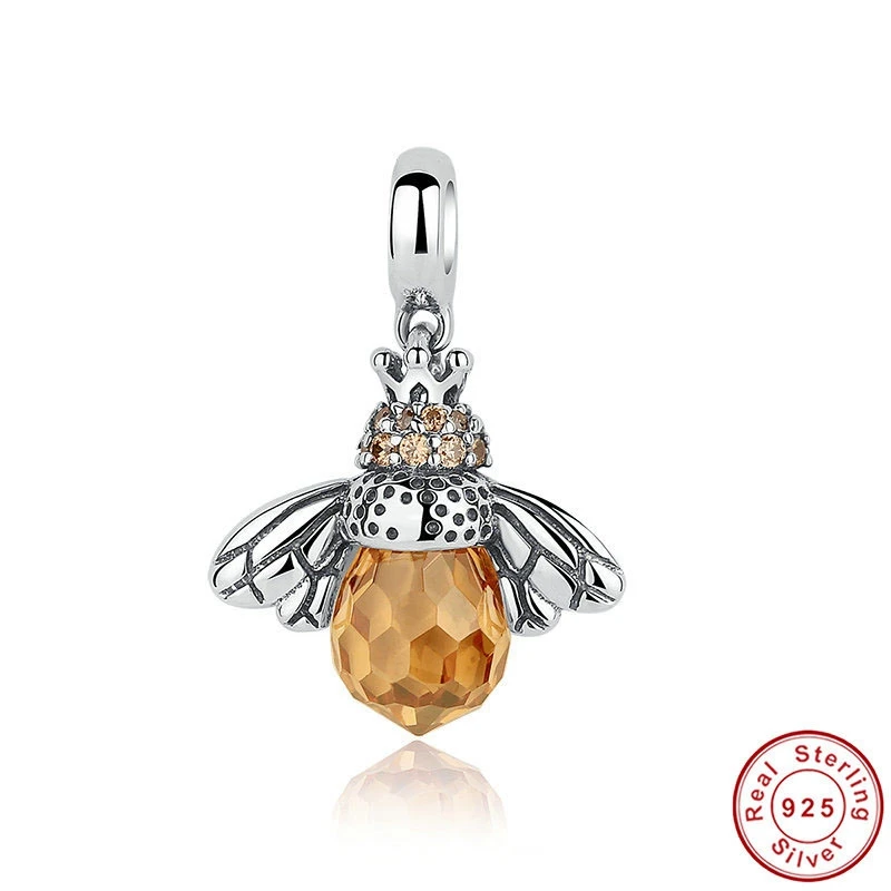 

Queen Bee Charm with Topaz CZ Silver 925 Original Dangling Honeybee Beads for DIY Bracelet Necklace Insect Lover Pendant