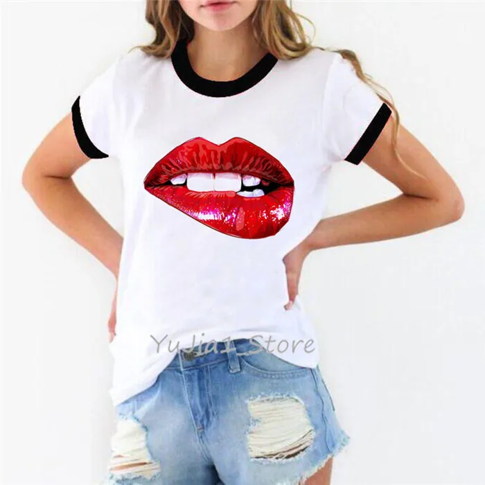 Y80844 B Новое поступление, футболка с красными губами camiseta mujer, модная футболка femme, одежда в Корейском стиле, негабаритная рубашка, белая женская футболка - Цвет: Y80844 B