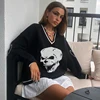 Rapcopter Y2K Sweaters Skulls Pullovers V Neck Knitwear Loose Casual Knitted Tops Women Streetwear E-Girl Tops Blue 2022 Autumn ► Photo 3/6