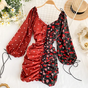 

Fashion Floral and Dot Patchwork Ruched Dress Women Sexy Puff Sleeve Mini Dress Ladies Party Dress Clothing