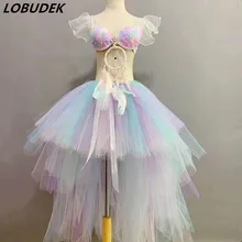 Для бара, ночного клуба, женский сексуальный сценический наряд, цветное перо, кристалл, бюстгальтер, длинная юбка, набор для выпускного вечера, для певицы, танцора, модель, костюм для шоу