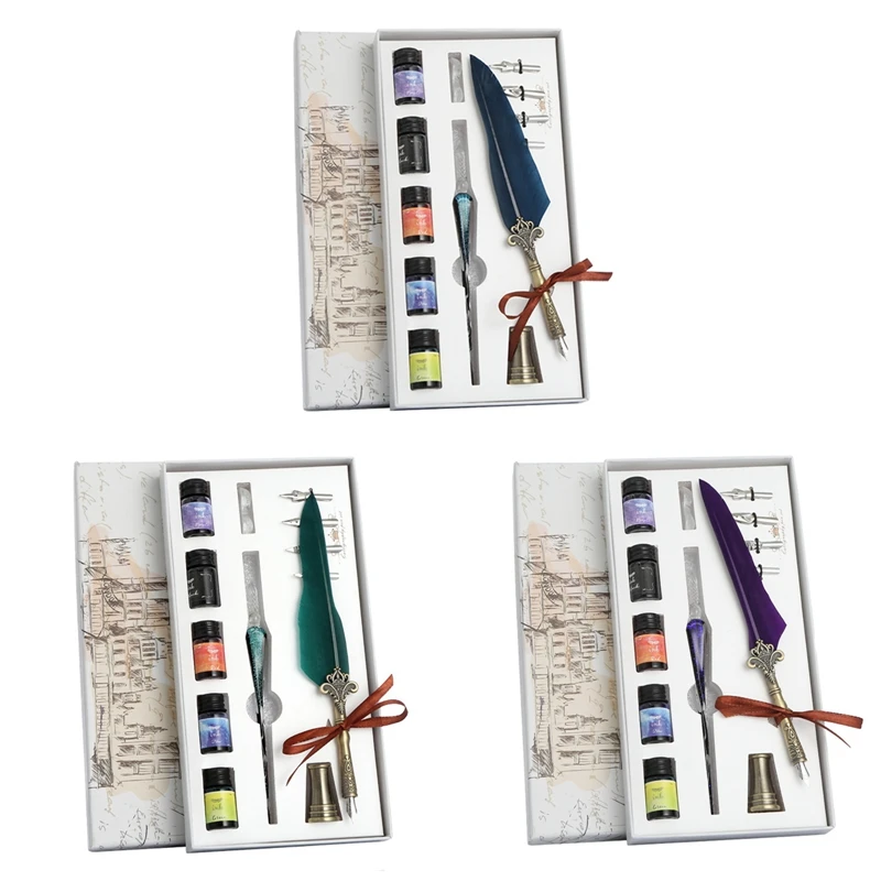 Vintage Glass Pen Ink Star Dipping Fountain Crystal Feather Set Birthday Gift Box | Канцтовары для офиса и дома