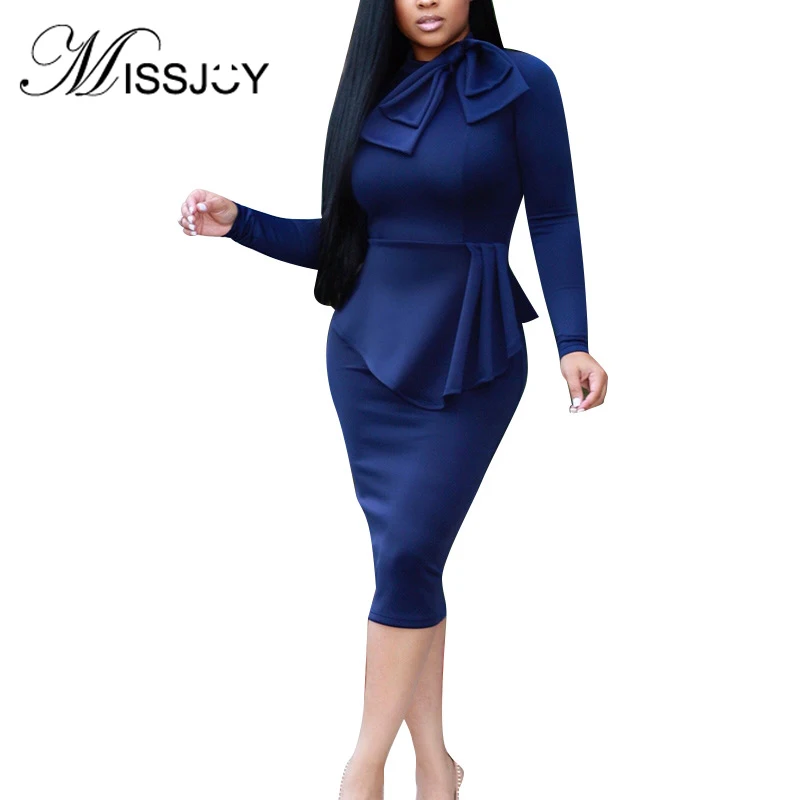 

MISSJOY Patchwork Solid Color Office Dresses Women Elegant Ladies Bodycon Bow Long Sleeves Autumn 2019 Business Work Midi Pleat
