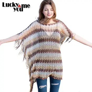 

2020 New Arrive Women Summer Sexy Hollow Out Bikini Cover Up Blouse Female Striped Shawl Girls Street Beach Wear Tassel Pullover