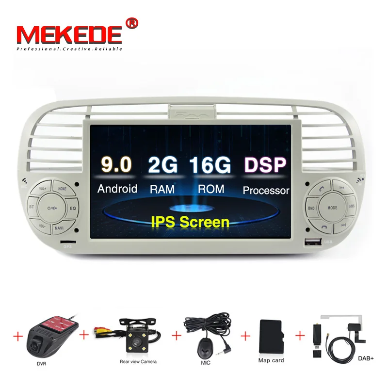 Mekede IPS DSP android 9.0 1024x600 HD 2DIN 2 din Car multimedia player for Fiat 500 2007- with wifi bluetooth radio