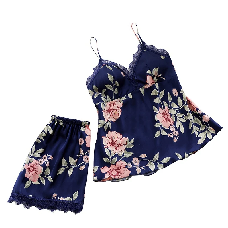 2019 Ice Silk 2 Piece Paint Pajamas Sets Women Sexy Lace Patchwork Pajamas Sleepwear Sleeveless V-neck Camis + Shorts Nightwear