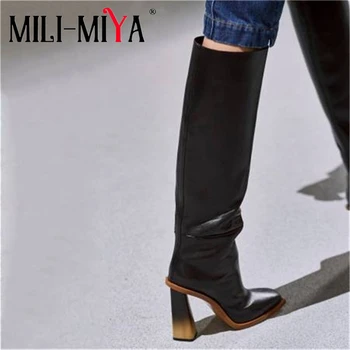 

MILI-MIYA Solid Color Women Cow Leather Knee High Boots Slip-On Square Toe Fashion Design Spring/Autumn Shoes Plus Size 34-43