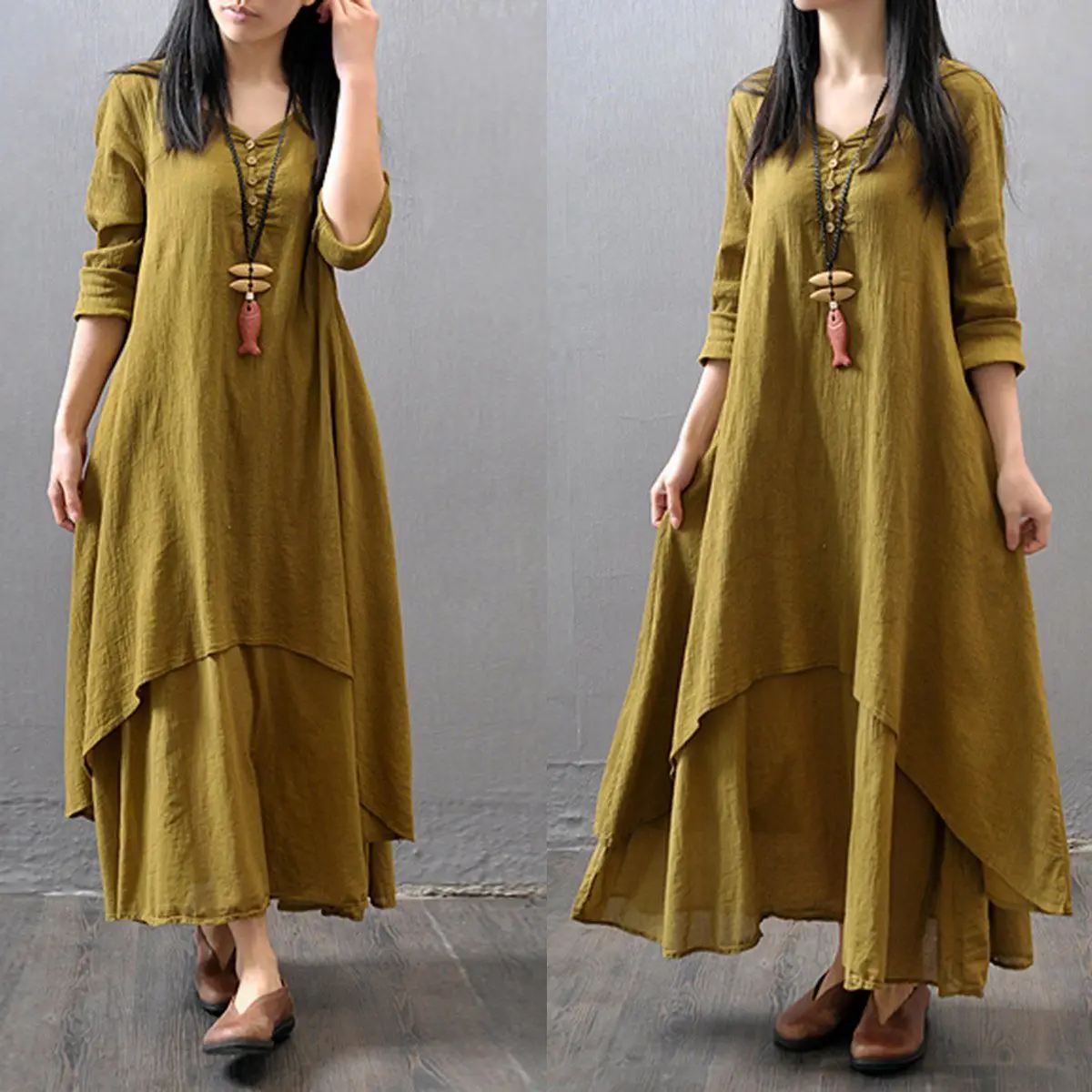 Sexy Women Peasant Ethnic Boho Cotton Linen Long Sleeve Maxi Dress Gypsy Dresses Bikini Cover Up