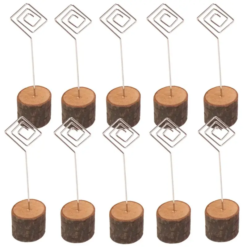 

10pcs Rustic Natural Wood Base Iron Wire Table Name Number Place Card Holder Memo Note Photo Picture Clip Wedding Party Decor
