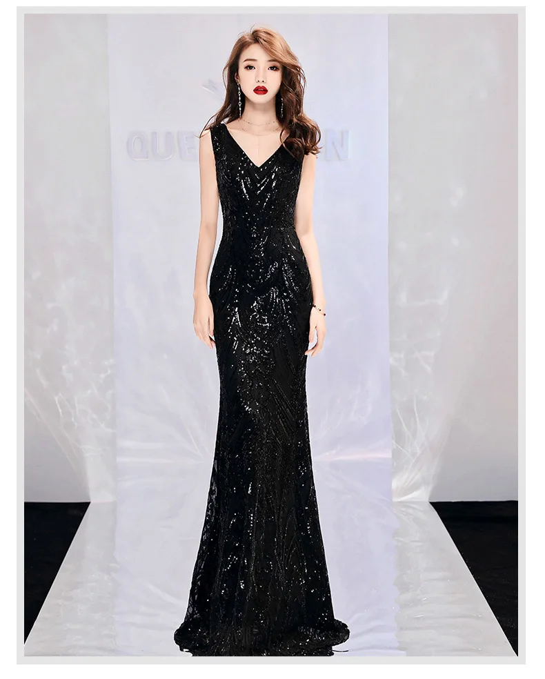 Блестящее расшитое блестками сексуальное длинное вечернее платье с v-образным вырезом эластичное элегантное блестящее платье-Русалка длиной до пола цвета шампанского