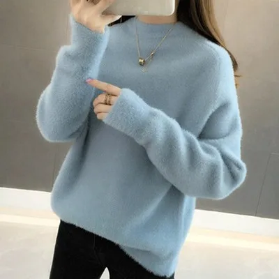 Модный кашемировый вязаный свитер женские Топы осень зима водолазка пуловеры женский длинный рукав Однотонный свитер - Цвет: Синий