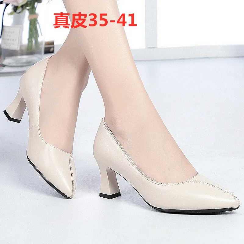

20 Spring New Style Full Leather Women's Singles Leather Shoes High-Heel Square Heel Workplace OL Shoes Yd9855 Plus-sized
