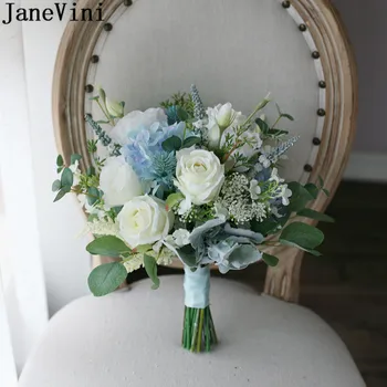 JaneVini-ramo de flores artificiales para boda, estilo nórdico, blanco, azul, para novia, Hortensia de seda, nupcial de rosa, Sztuczne
