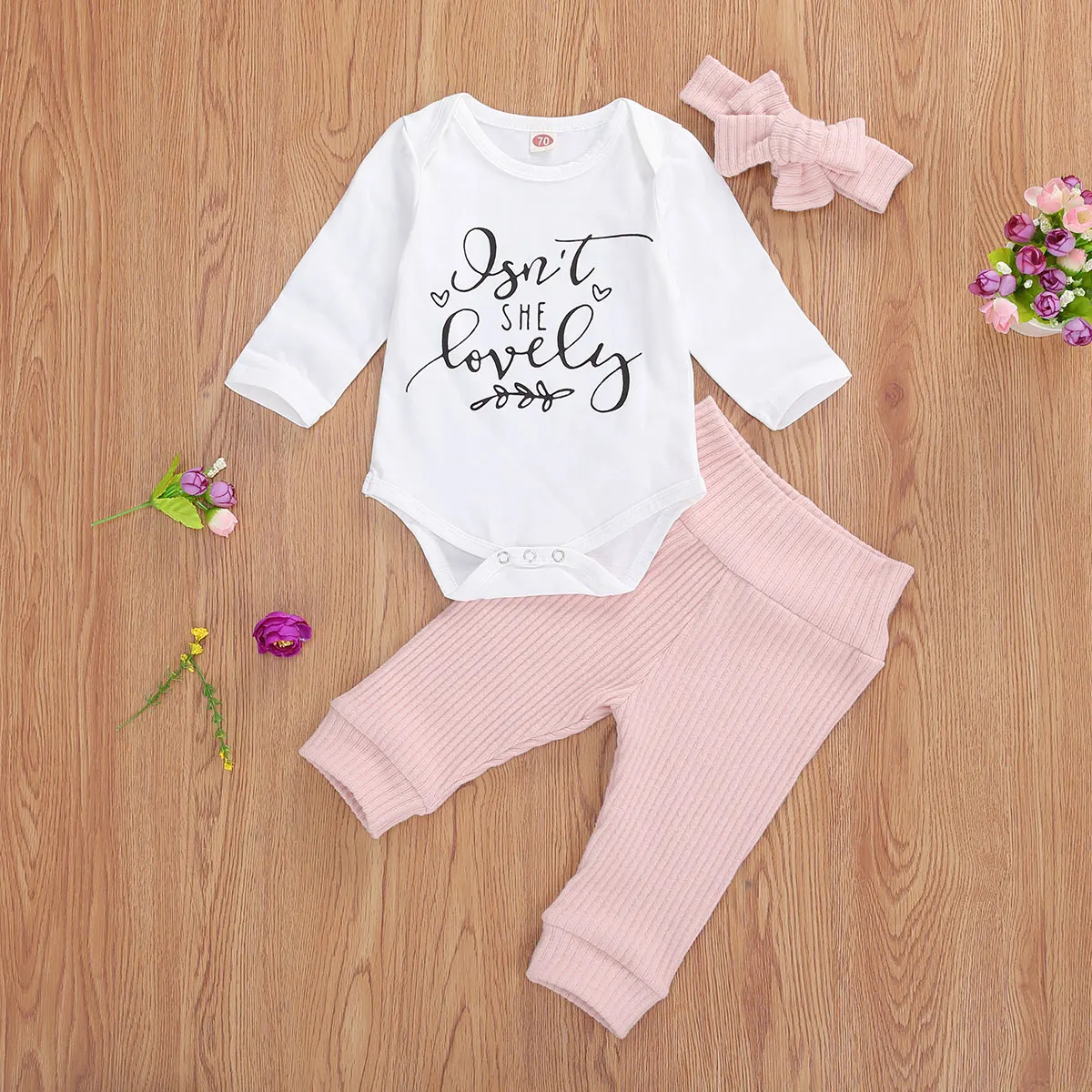 

Baby Knitting Romper Jogger Pants Round Collar Long Sleeves Crotch Buttons Bodysuit Headband 3-Piece Clothes