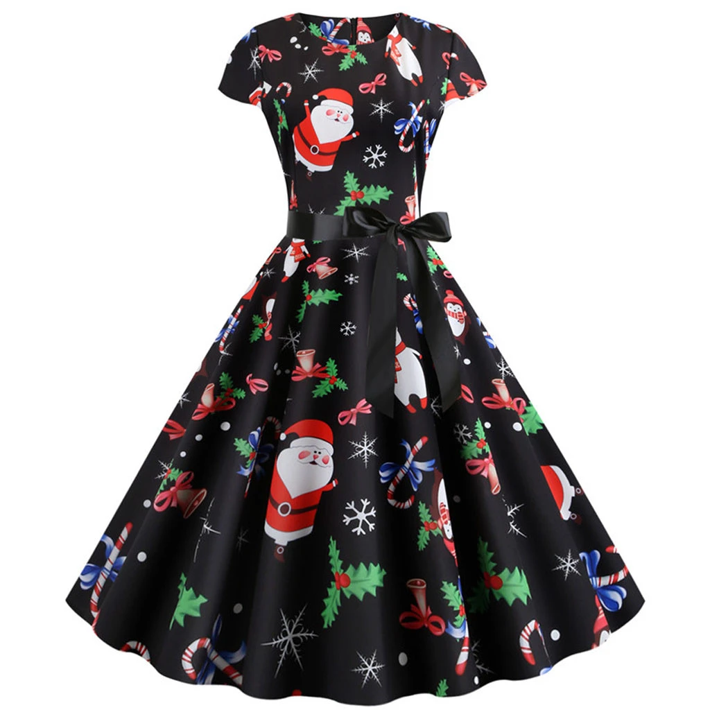 JAYCOSIN Summer Christmas Dresses Women Vintage Robe Swing Pinup Elegant Party Dress  Loose Short Sleeve Casual Plus Size 918