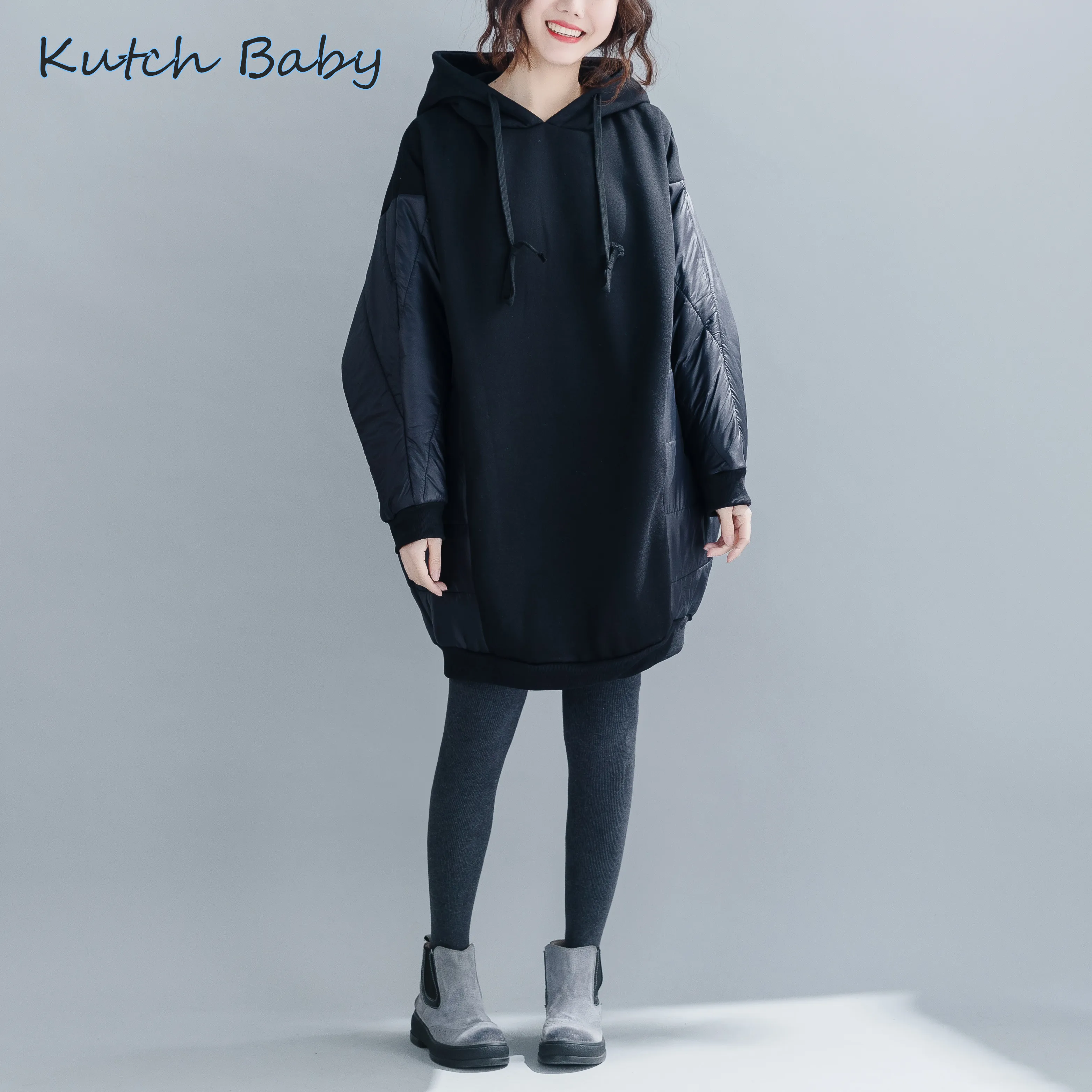 Kutch baby, осенняя и зимняя супер большая женская толстовка с капюшоном, женский топ, пуловер с капюшоном, хлопковая Толстая Флокированная черная панель