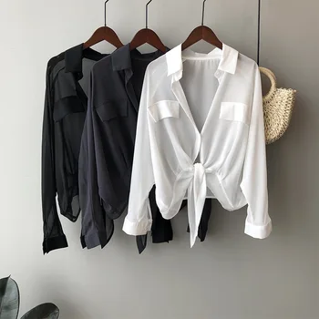

2020 Summer Chiffon Thin Blouse Shirt Casual Streetwear Long Sleeve Korean Style Sunscreen Cardigan Bandage Tops