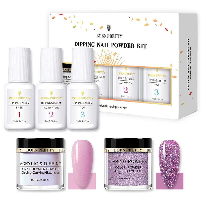 BORN PRETTY Colorful Dipping набор порошков для ногтей 3 в 1 акриловый порошок базовый топ без